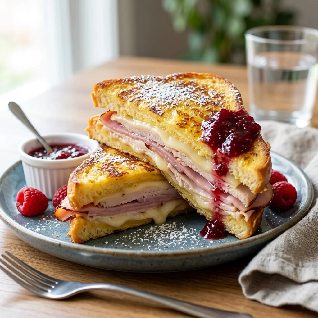 Delicious Monte Cristo Sandwich filled with ham and cheese, served with powdered sugar