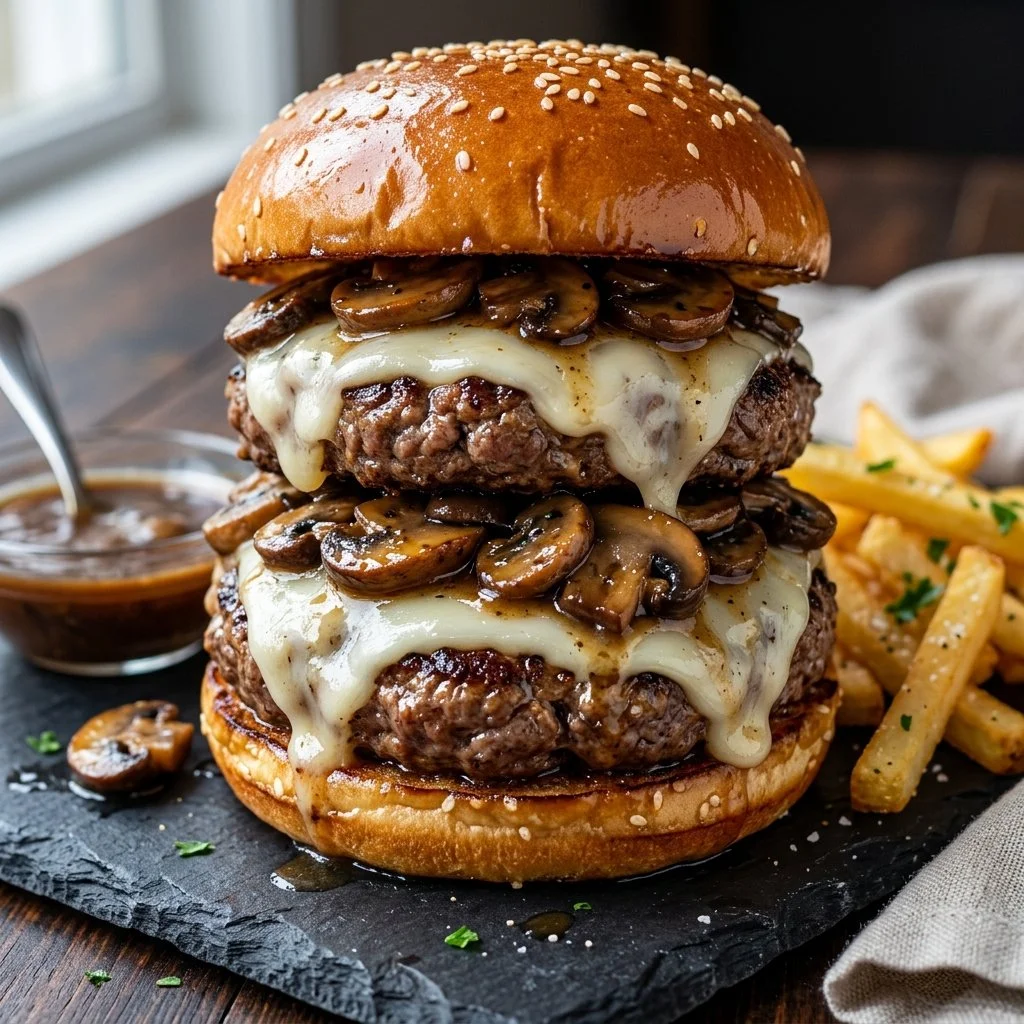 Mouthwatering Mushroom Swiss Burger topped with mushrooms and Swiss cheese