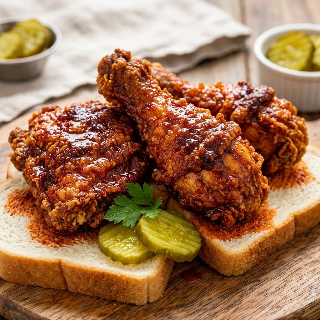 Delicious Nashville hot chicken served with pickles and bread