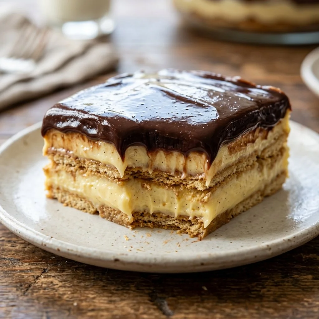 Delicious No Bake Eclair Cake layered with cream and chocolate frosting