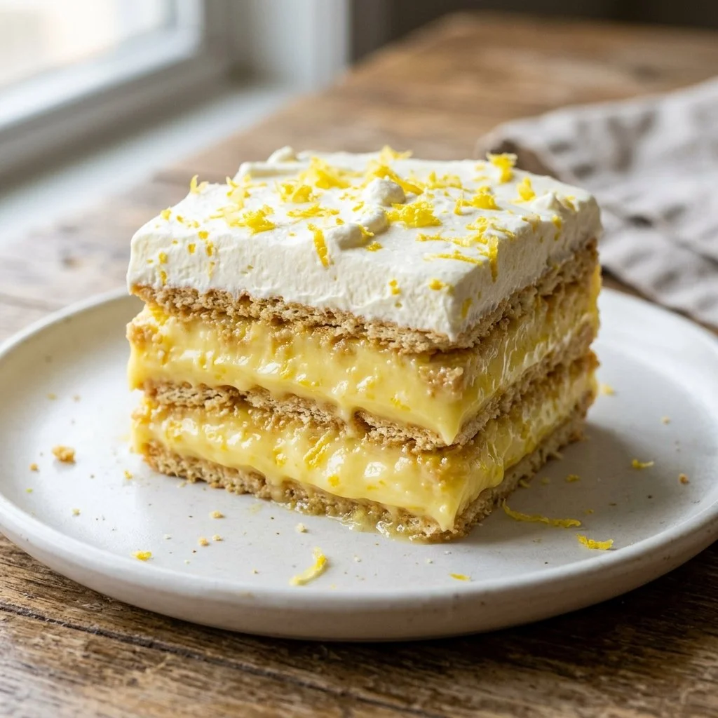 No Bake Lemon Icebox Cake layered with lemon cream and graham crackers