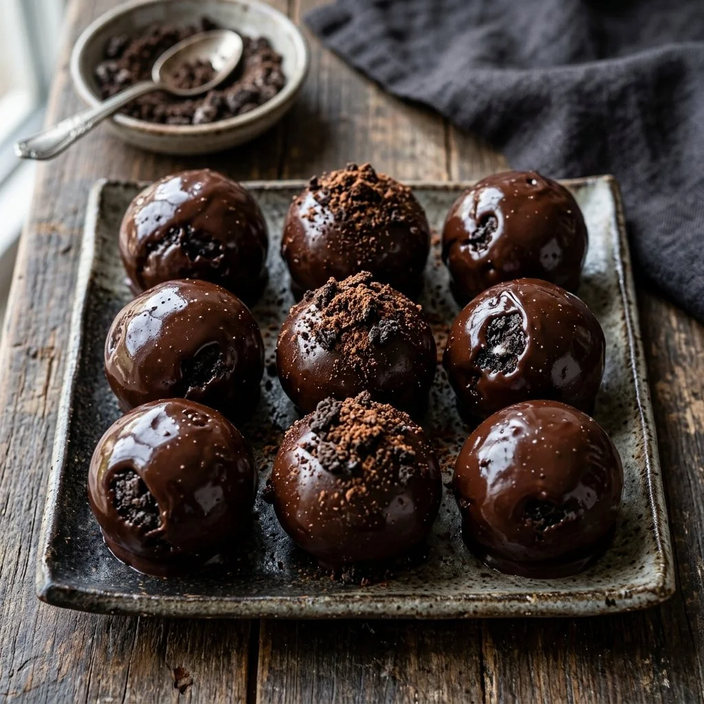 Delicious no bake Oreo balls ready to serve, with crumbs and chocolate drizzle.