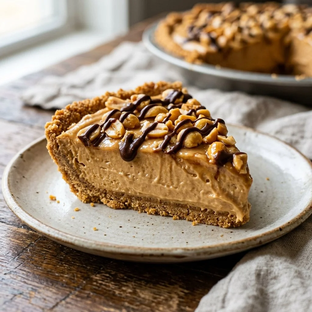 Delicious no bake peanut butter pie topped with chocolate and whipped cream
