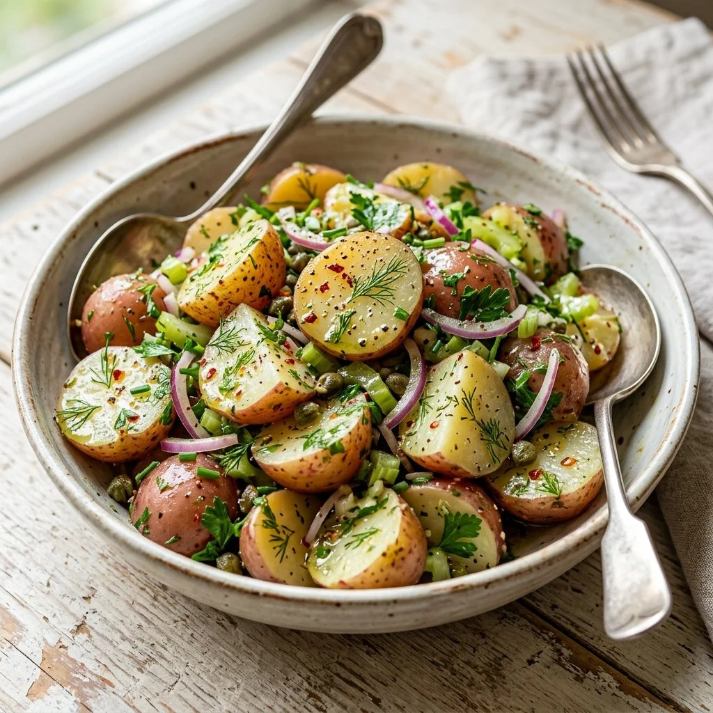 Delicious No Mayo Potato Salad in a bowl garnished with fresh herbs.