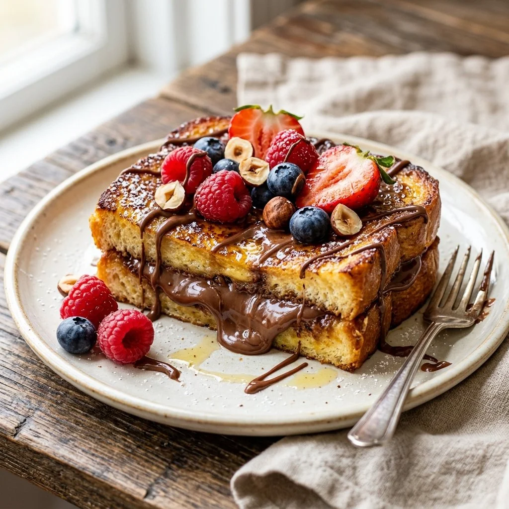 Delicious Nutella Stuffed French Toast served with fresh berries and syrup
