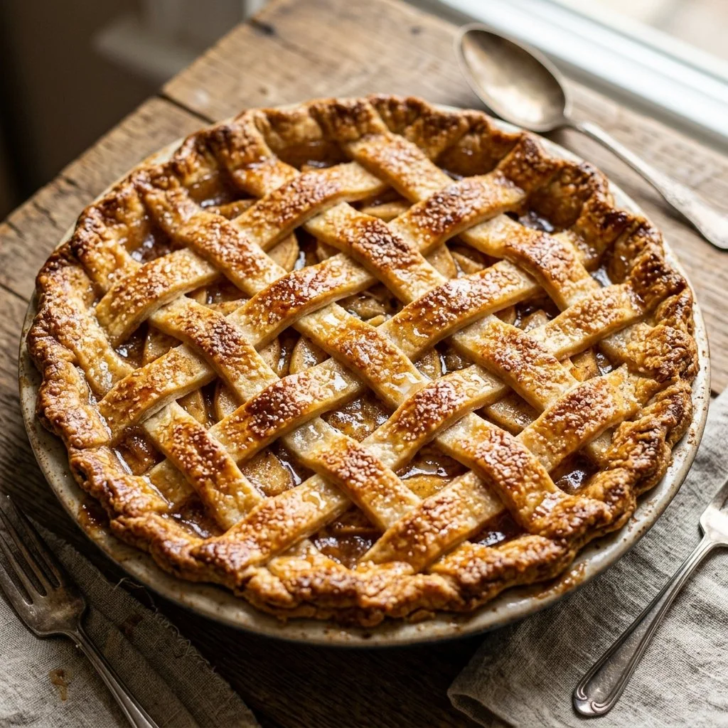 Homemade Old Fashioned Apple Pie with a golden crust and fresh apple filling