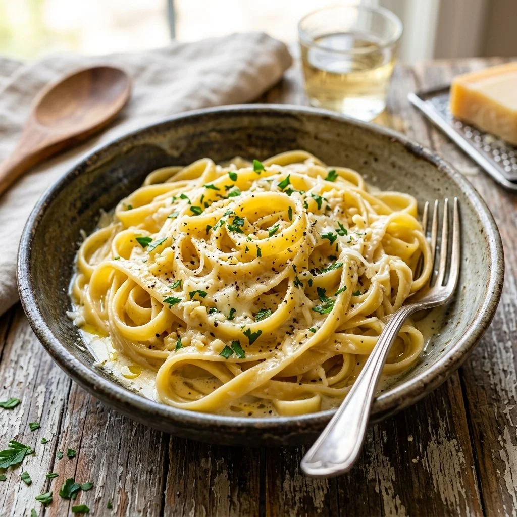 Delicious One Pot Garlic Parmesan Pasta garnished with fresh herbs