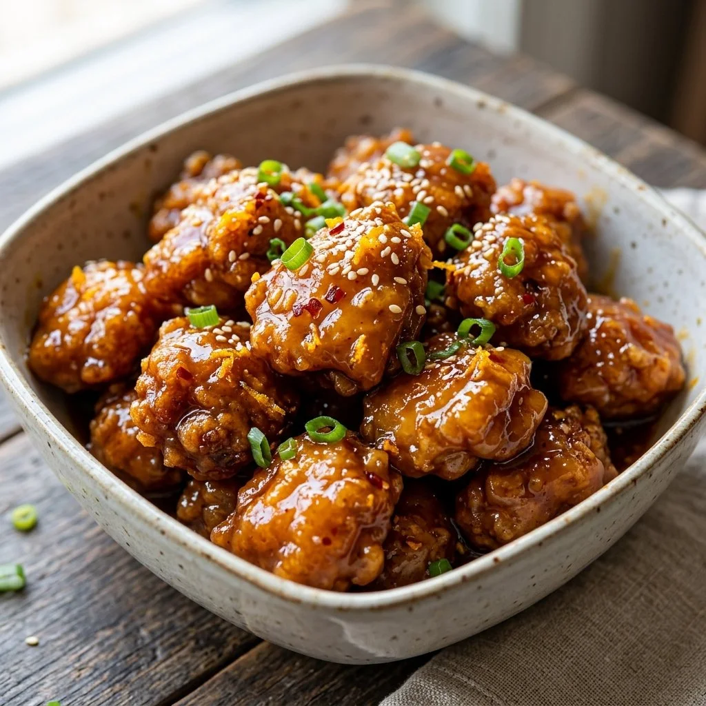 Delicious Orange Chicken served with rice and garnished with green onions.