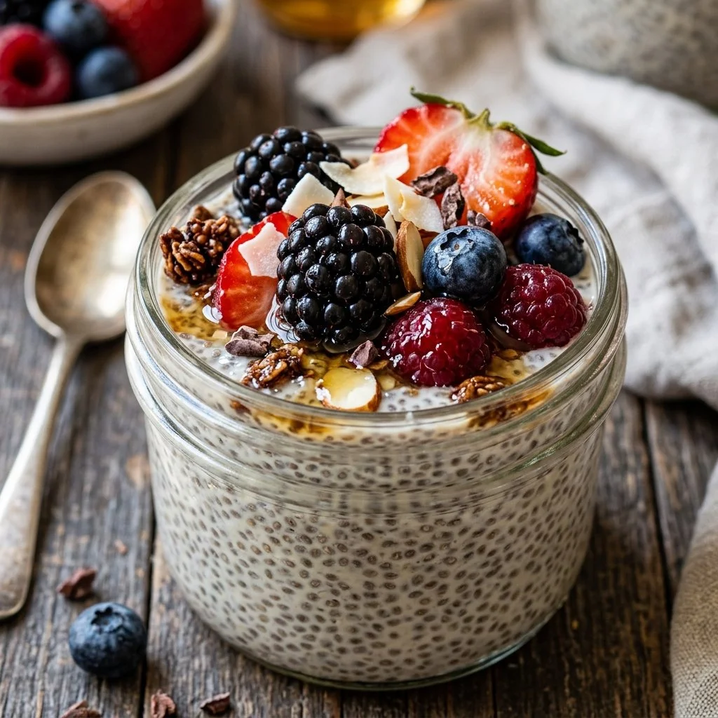 Delicious and healthy overnight chia seed pudding topped with fresh fruits.