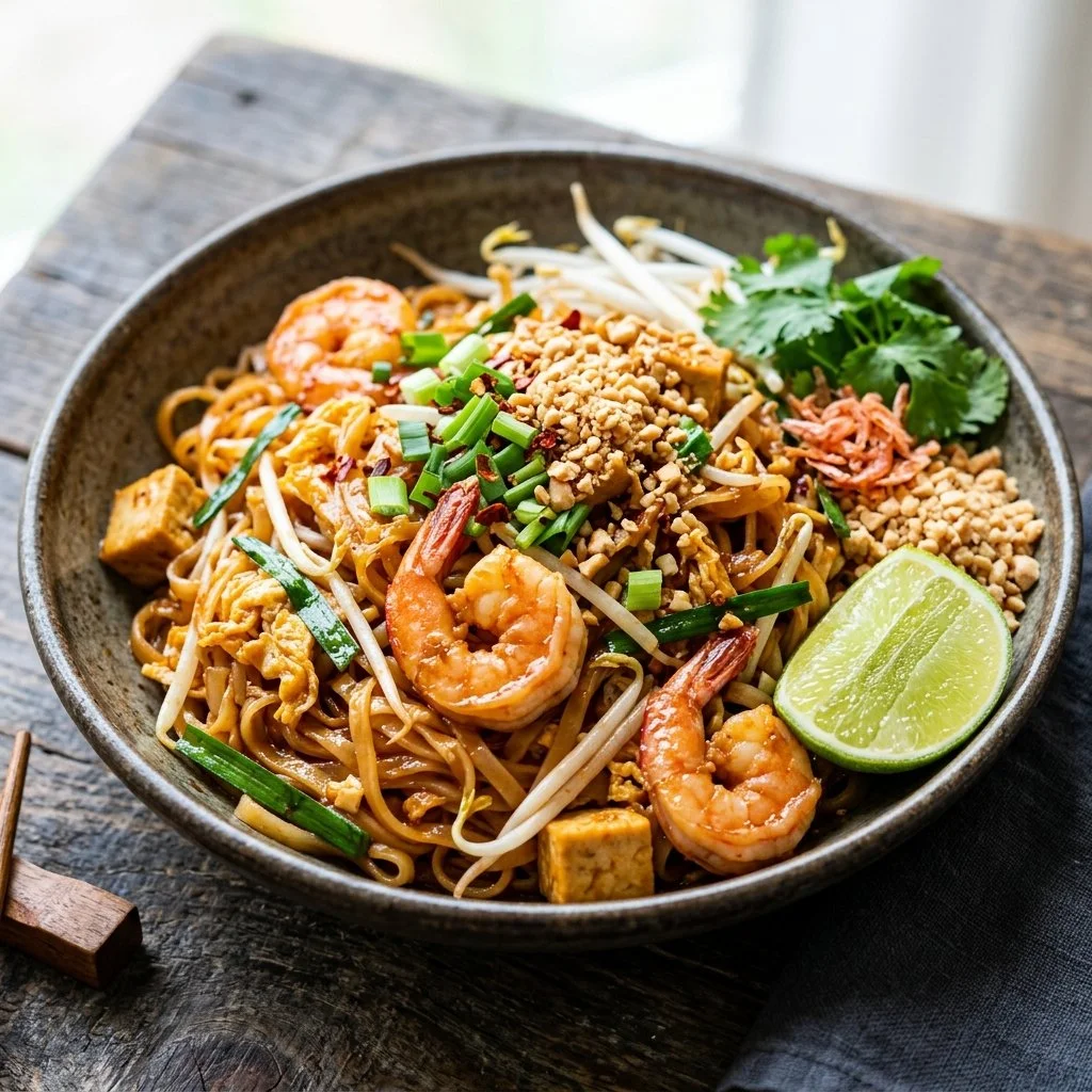 Delicious homemade Pad Thai served with fresh herbs and lime on a plate.