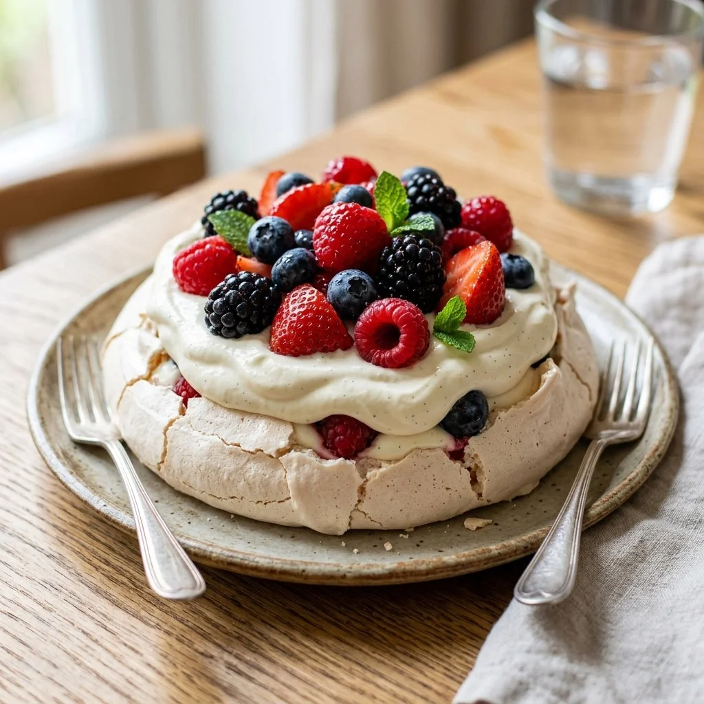 Delicious Pavlova dessert topped with fresh berries and whipped cream.