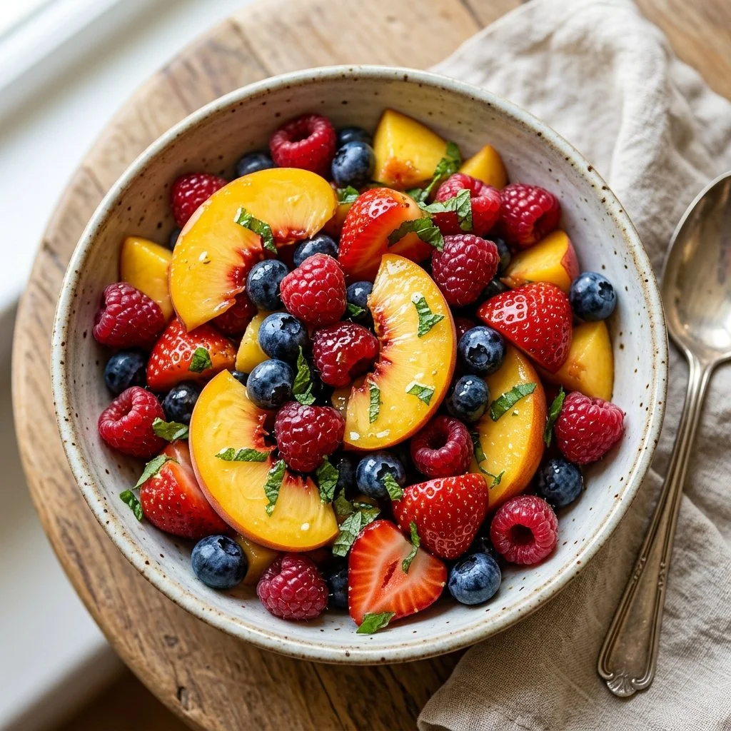 Colorful peach and berry fruit salad in a bowl, perfect for a refreshing snack.