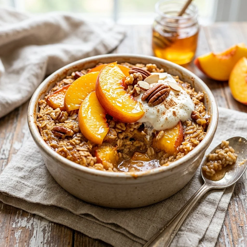 Delicious Peach Baked Oatmeal topped with fresh peach slices and nuts.
