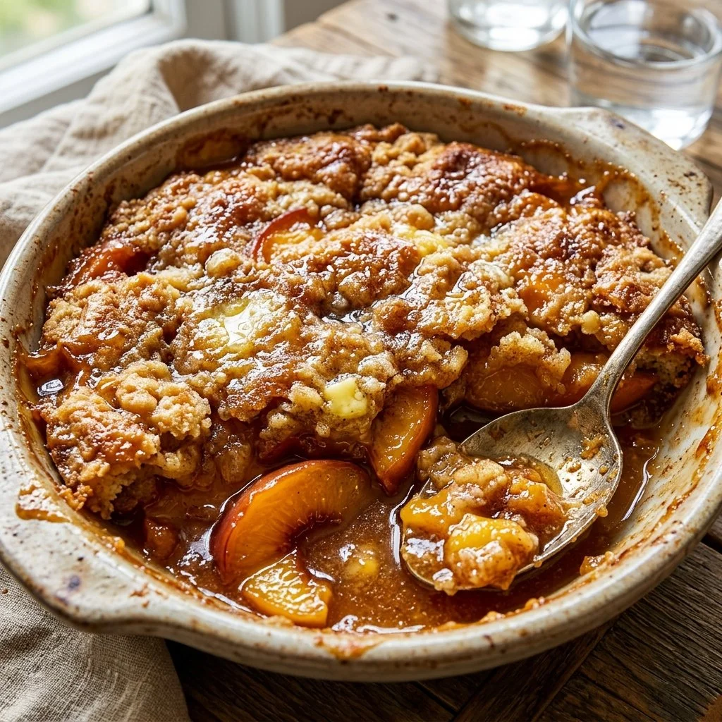 Delicious Peach Dump Cake with golden crust and fresh peach filling