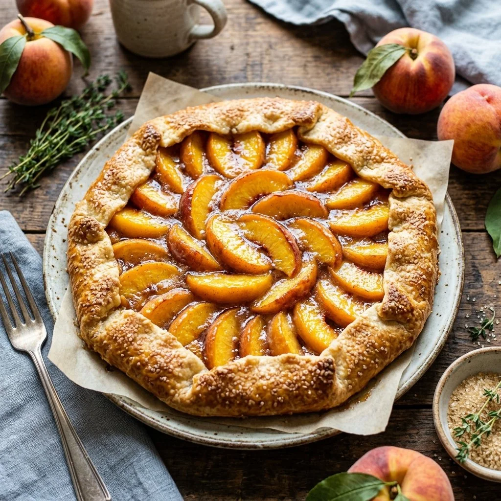 Freshly baked Peach Galette with juicy peaches and a golden flaky crust