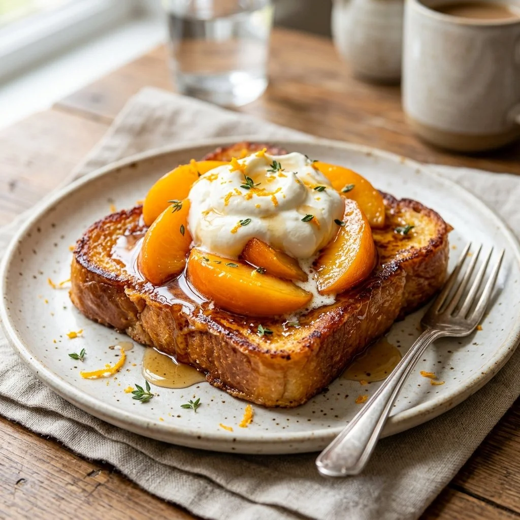 Delicious Peaches and Cream French Toast topped with fresh peaches and whipped cream