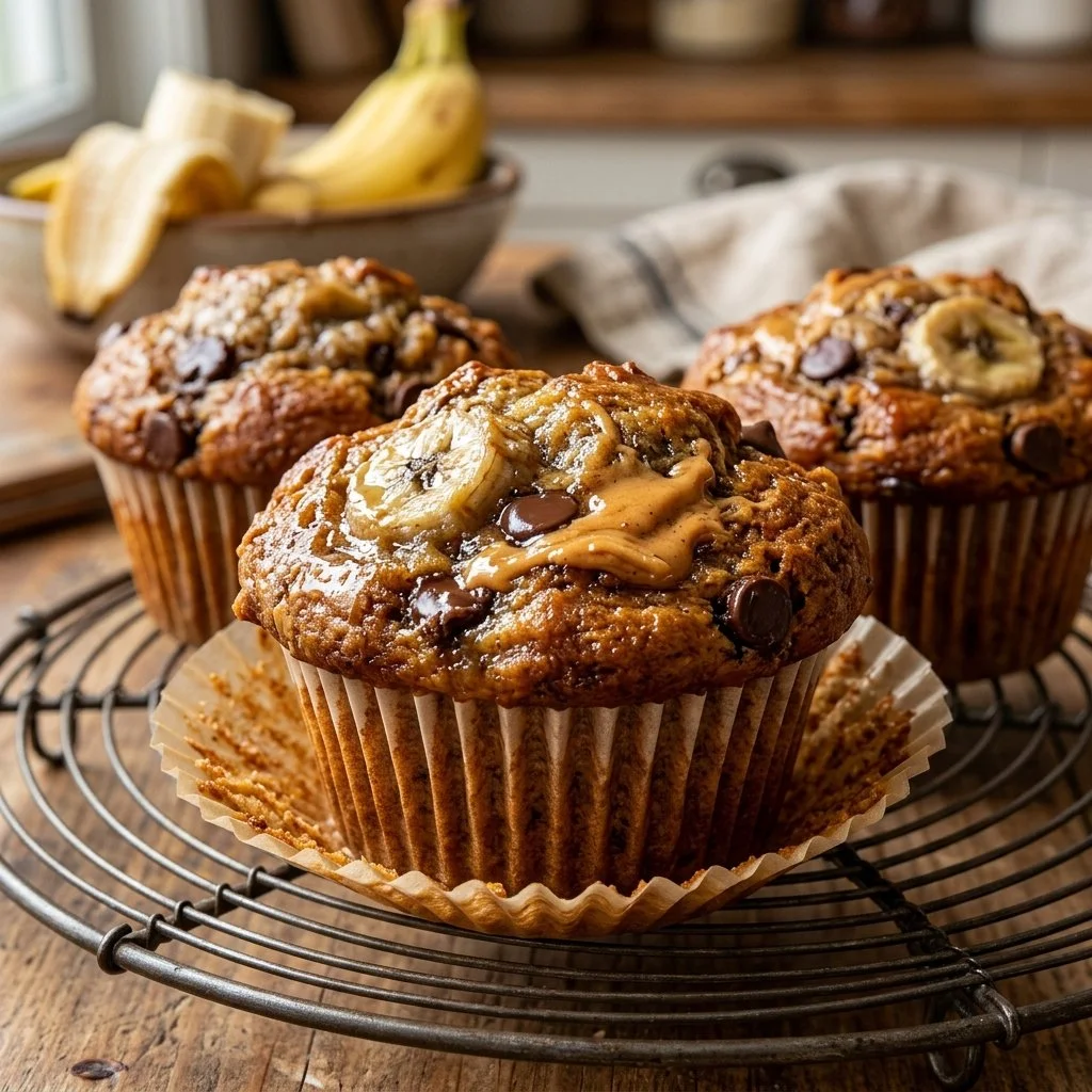Delicious peanut butter banana muffins fresh out of the oven.