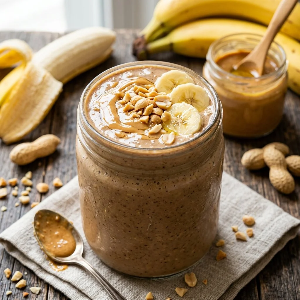 Creamy peanut butter banana smoothie in a glass with a straw