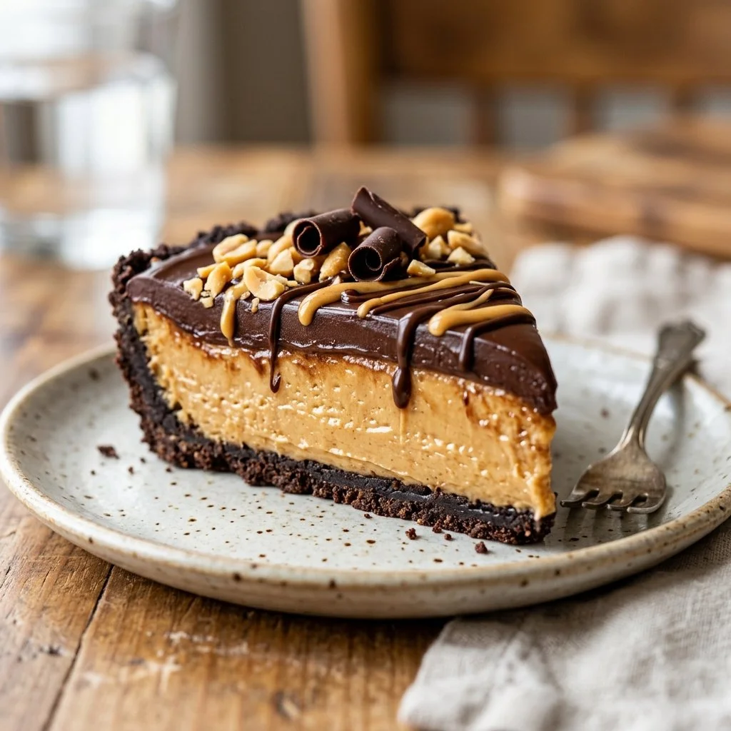 Delicious homemade Peanut Butter Pie topped with whipped cream and chocolate drizzle.