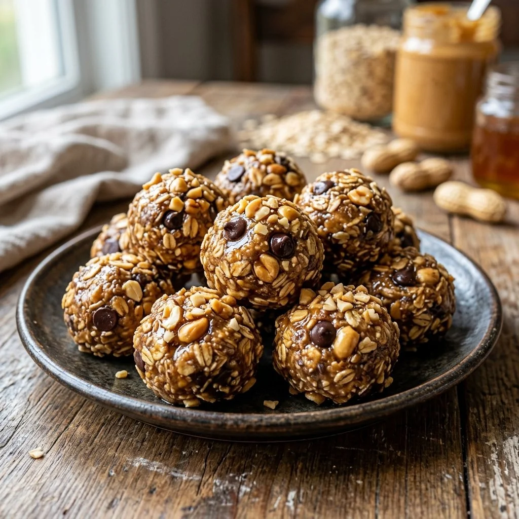 Peanut butter protein balls on a wooden table, ideal healthy snack