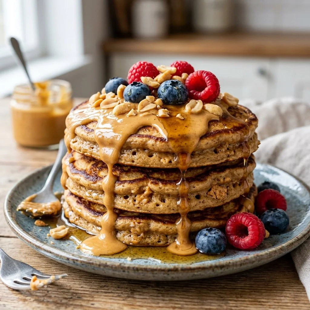 Fluffy peanut butter protein pancakes topped with fresh fruit and syrup.