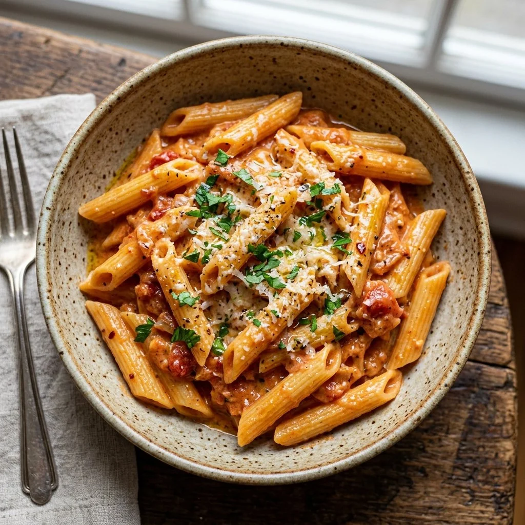 A delicious serving of Penne alla Vodka topped with fresh basil and parmesan cheese.