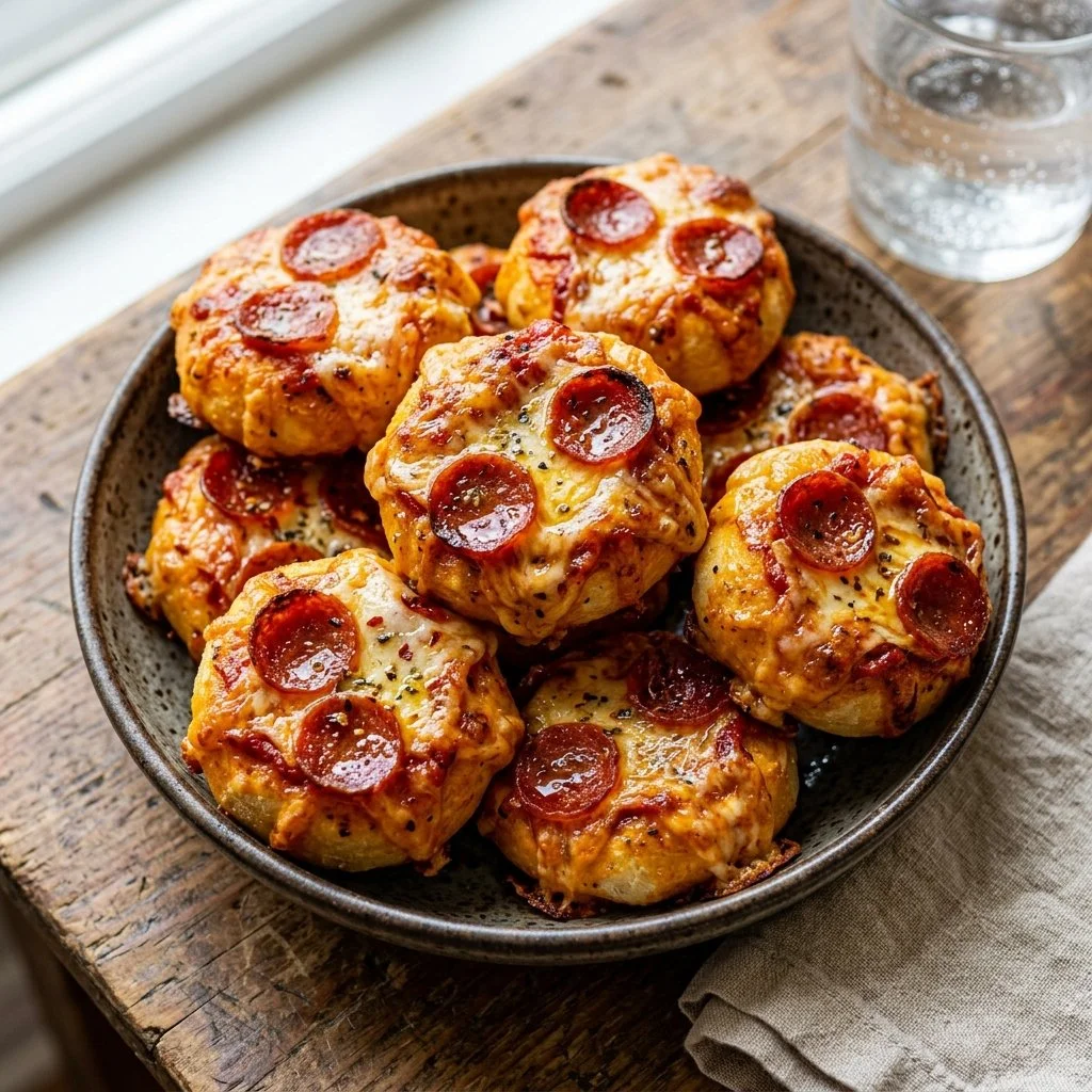 Pepperoni pizza puffs fresh out of the oven, golden and crispy