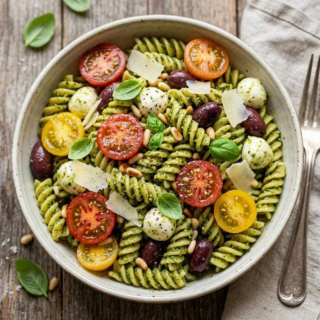 Colorful pesto pasta salad with vegetables and basil dressing