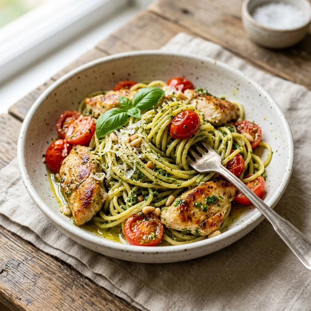 Delicious pesto pasta with chicken served in a bowl with fresh basil