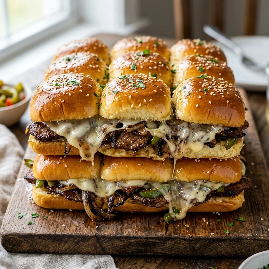 Philly cheesesteak sliders served on a platter with toppings and sauces