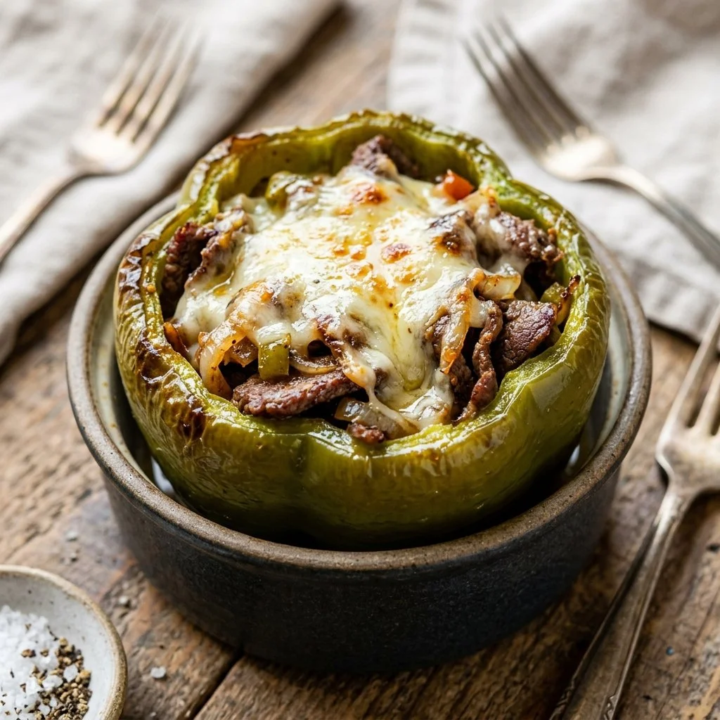 Philly cheesesteak stuffed peppers served on a plate