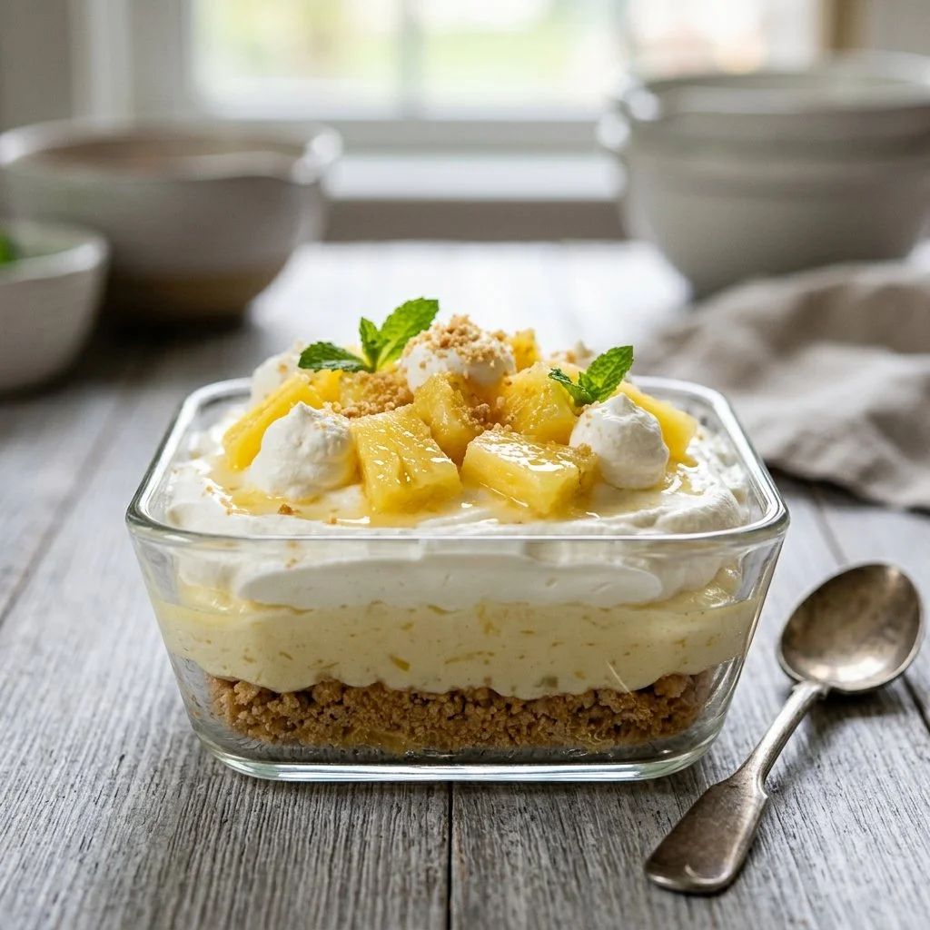 Delicious Pineapple Dream Dessert topped with coconut and whipped cream
