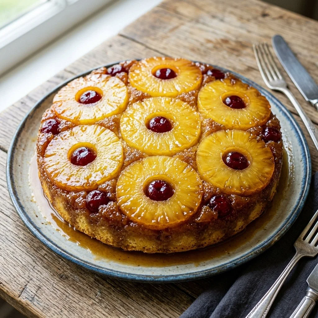 Delicious Pineapple Upside Down Cake with caramelized pineapple topping