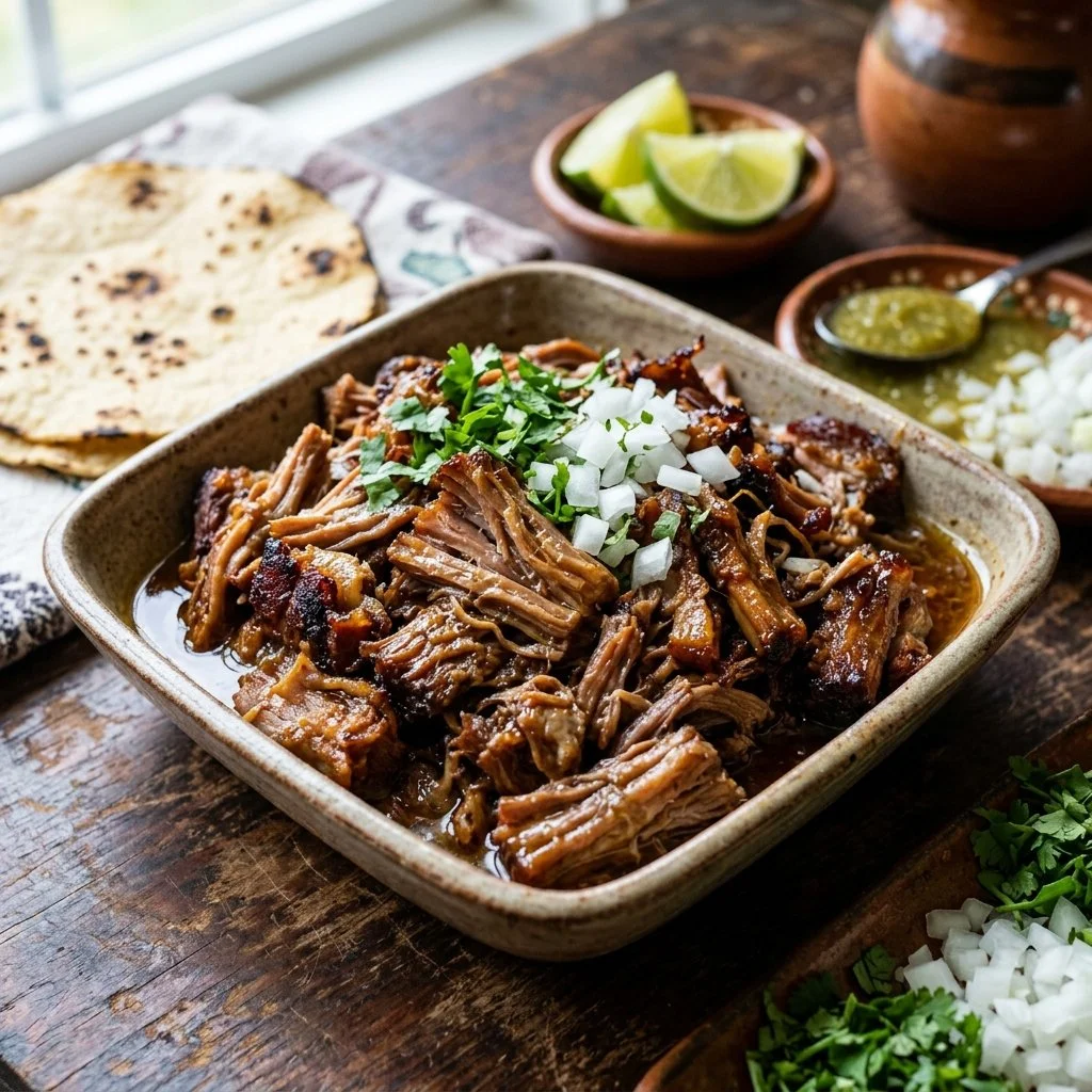 Delicious Pork Carnitas served with fresh toppings and tortillas