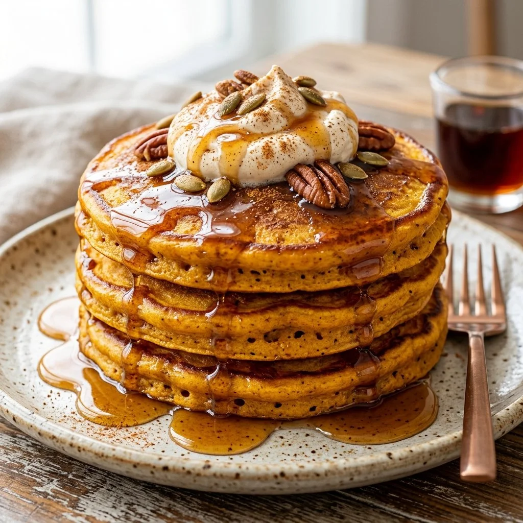 Delicious pumpkin spice pancakes topped with syrup and whipped cream