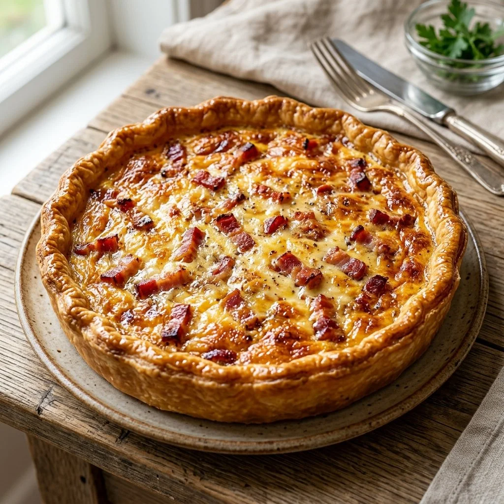 Delicious homemade Quiche Lorraine with bacon and cheese