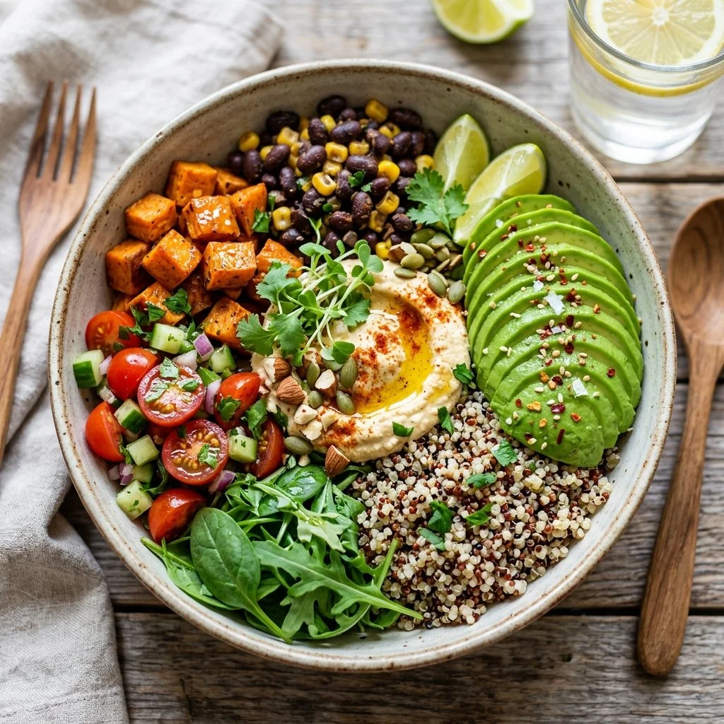 Delicious quinoa power bowl filled with fresh veggies and protein-rich toppings.