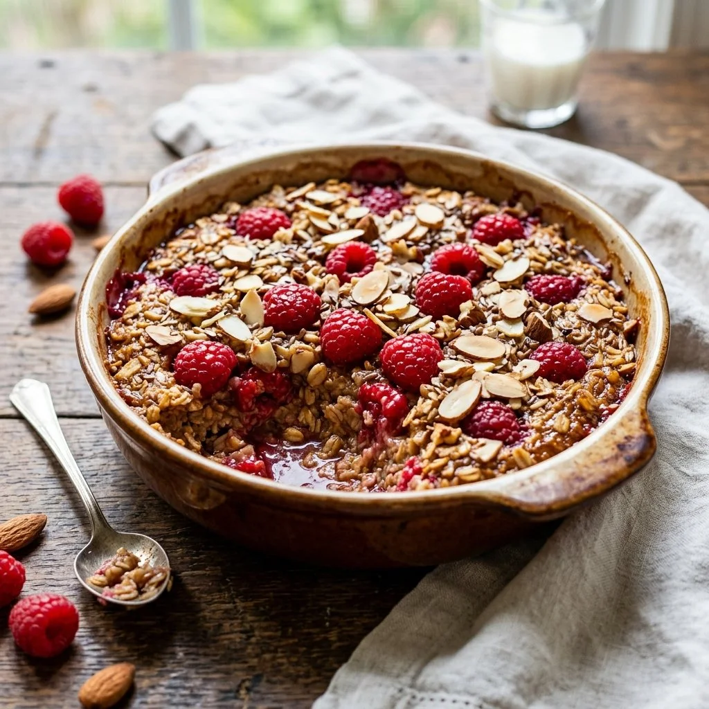 Delicious Raspberry Almond Baked Oatmeal served in a bowl