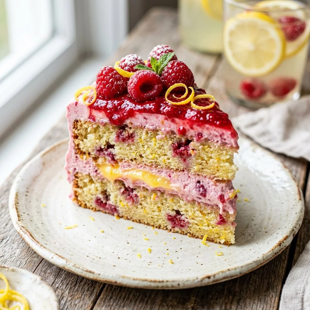 A slice of Raspberry Lemonade Cake with fresh raspberries and lemon frosting