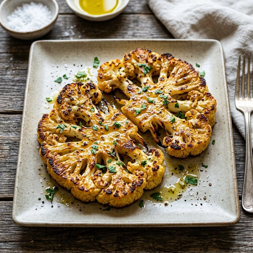 Roasted cauliflower steaks seasoned with herbs and spices on a plate.