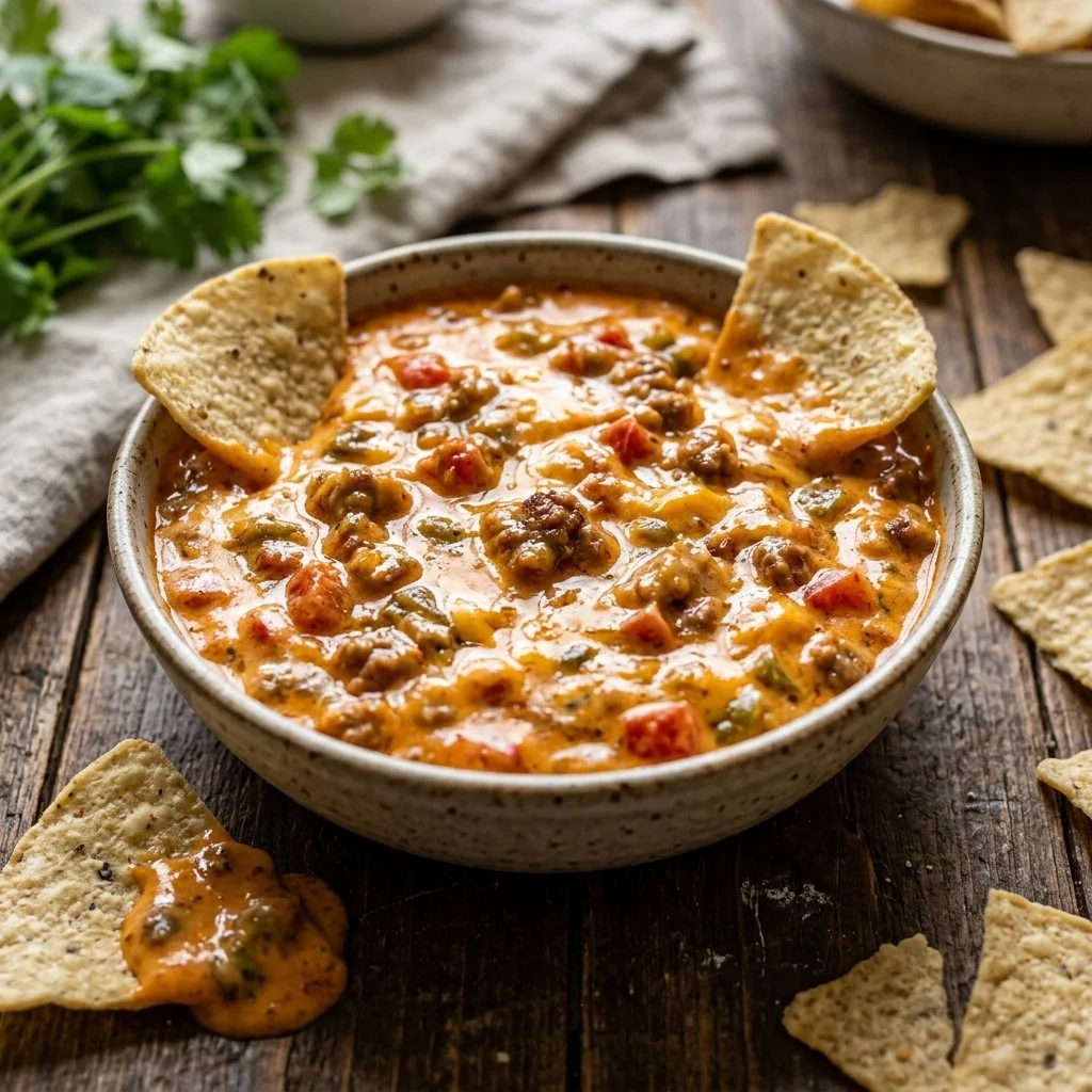 Delicious Rotel Dip served in a bowl with tortilla chips