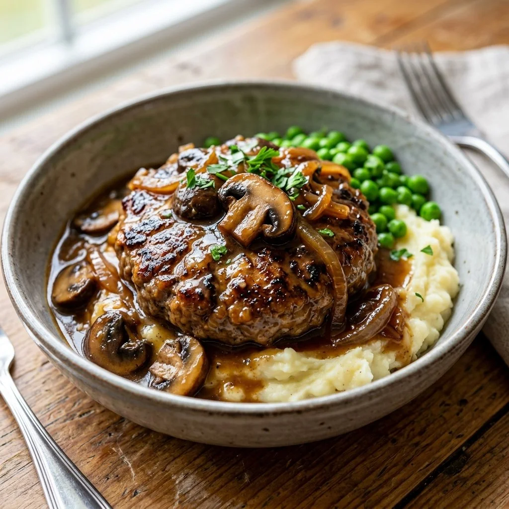 Homemade Salisbury Steak served with gravy and mashed potatoes