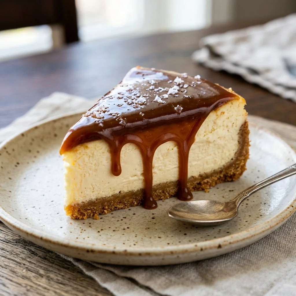 Delicious Salted Caramel Cheesecake with a golden crust and drizzled caramel