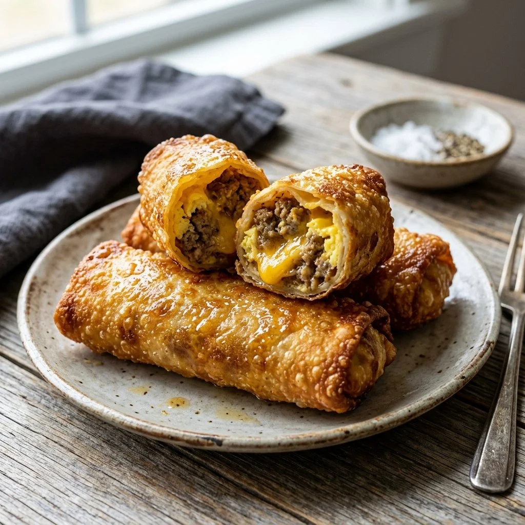 Sausage and cheese breakfast egg rolls served on a plate