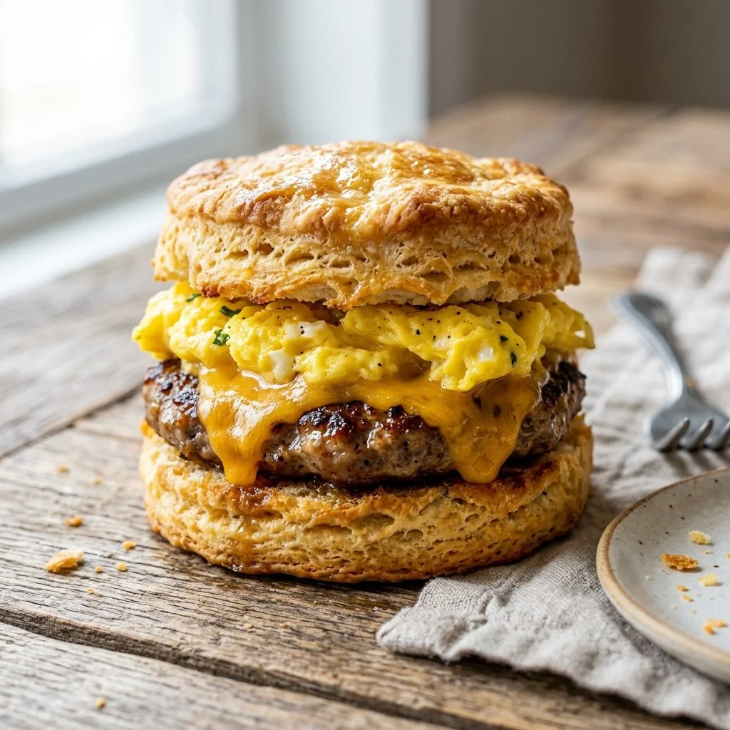 Delicious Sausage Egg Cheese Biscuit served on a breakfast plate
