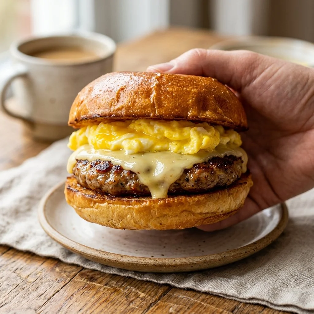 Sausage egg cheese breakfast sandwiches served on toasted buns