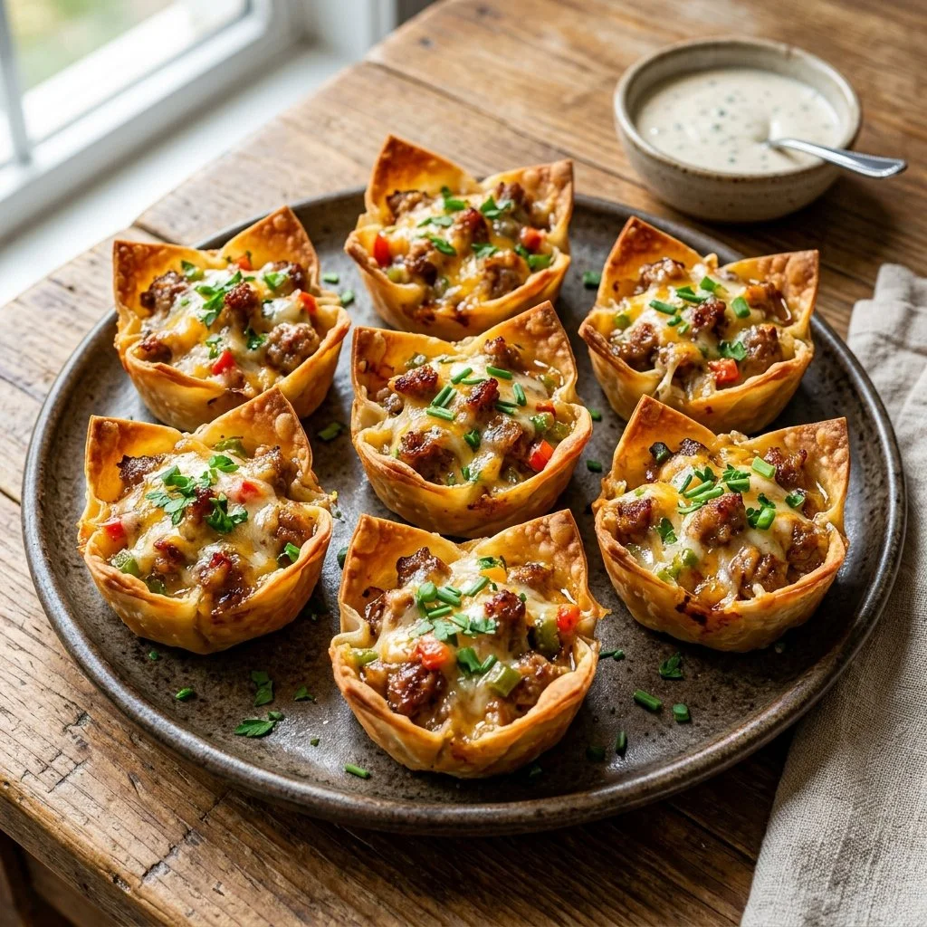 Sausage wonton cups topped with green onions and served on a platter.