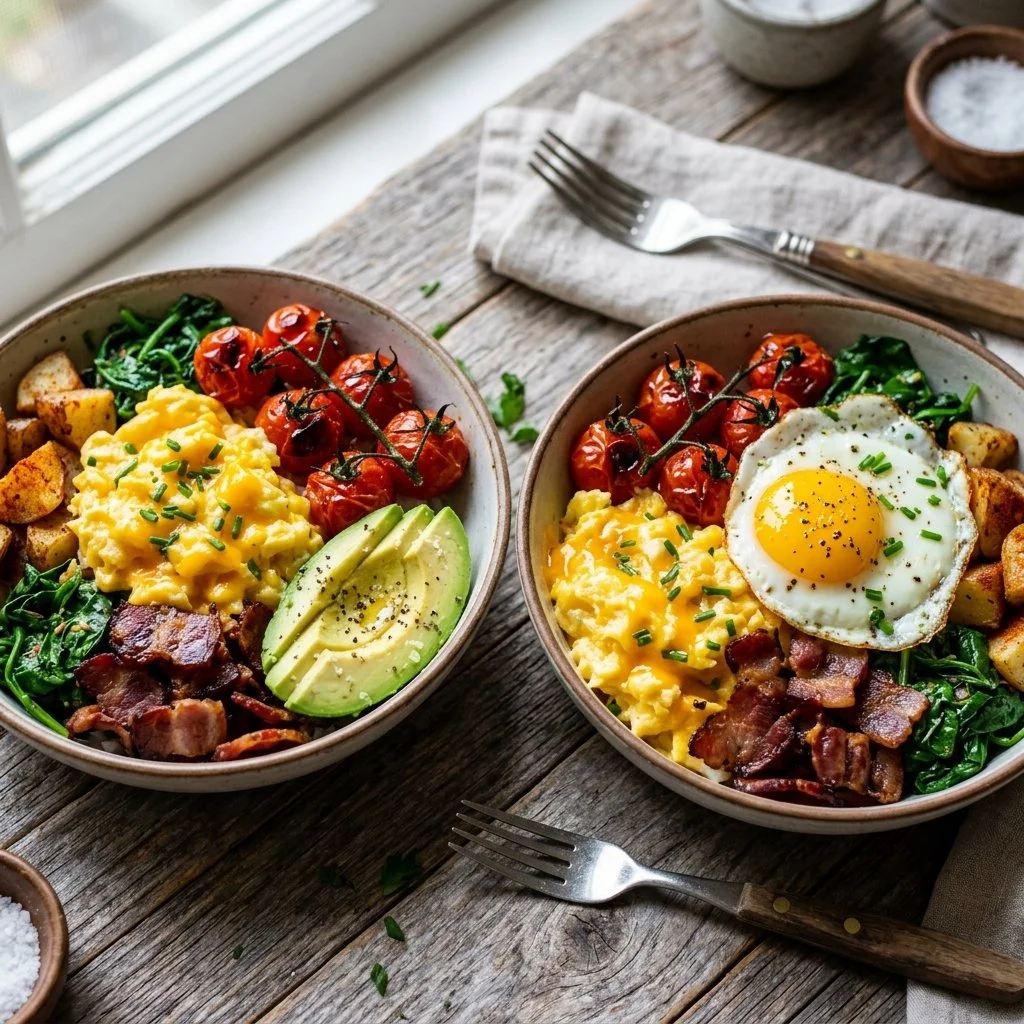 A variety of savory breakfast bowls filled with fresh ingredients and vibrant colors.
