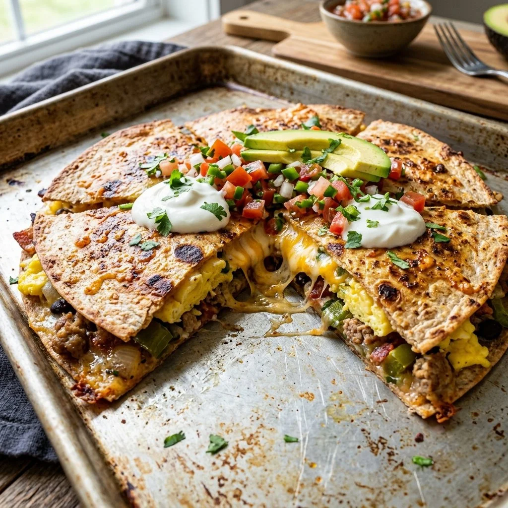 Delicious sheet pan breakfast quesadillas with eggs, cheese, and veggies.