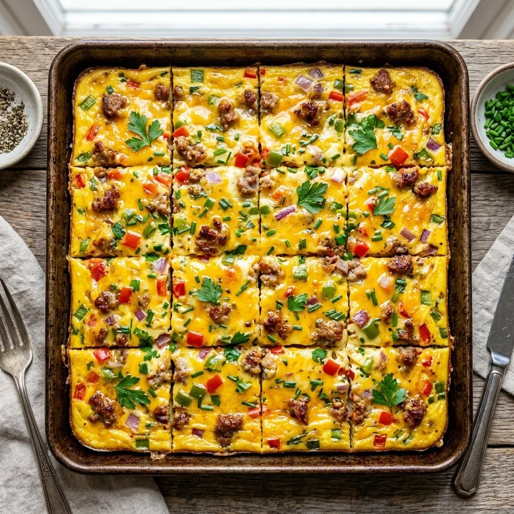 Colorful Sheet Pan Omelets filled with vegetables and cheese, ready to serve.